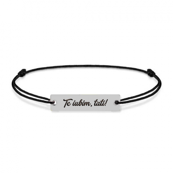 Bratara argint tablita 30 mm si snur negru - personalizata cu text